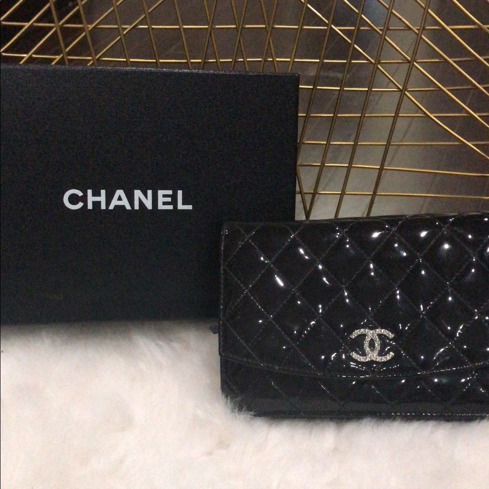 Authentic & Authenticated Black Quilted Chanel Wallet on a Chain WOC - Silver